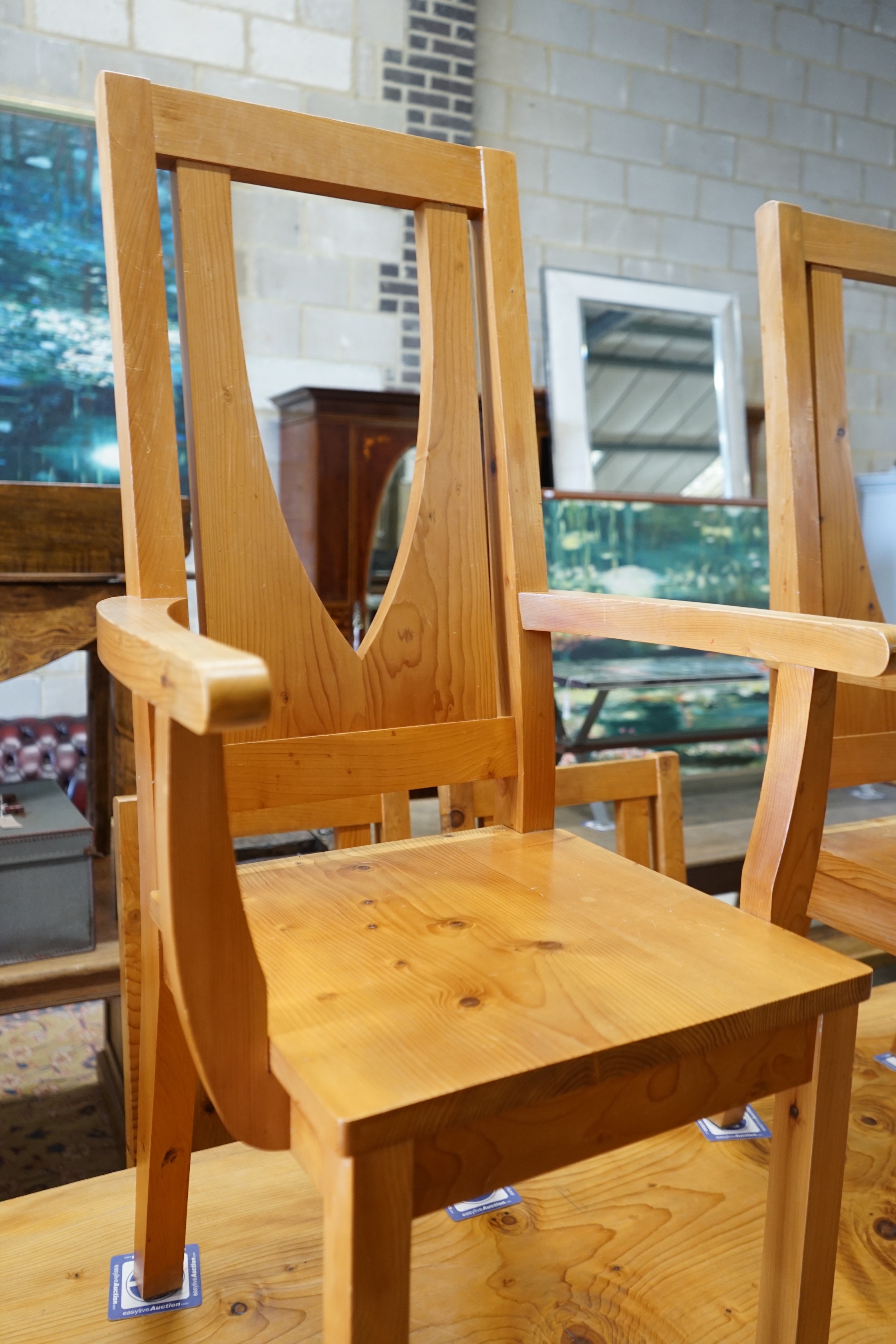 An Ian Anderson cedar rectangular single planked top dining table, length 190cm, width 83cm, height 78cm and six chairs, two with arms